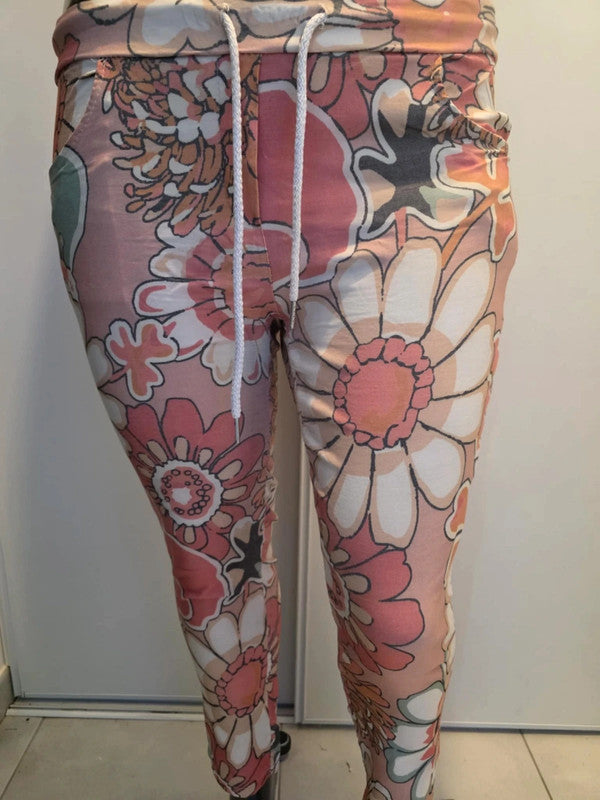 Pantalon élastique rose a fleur
