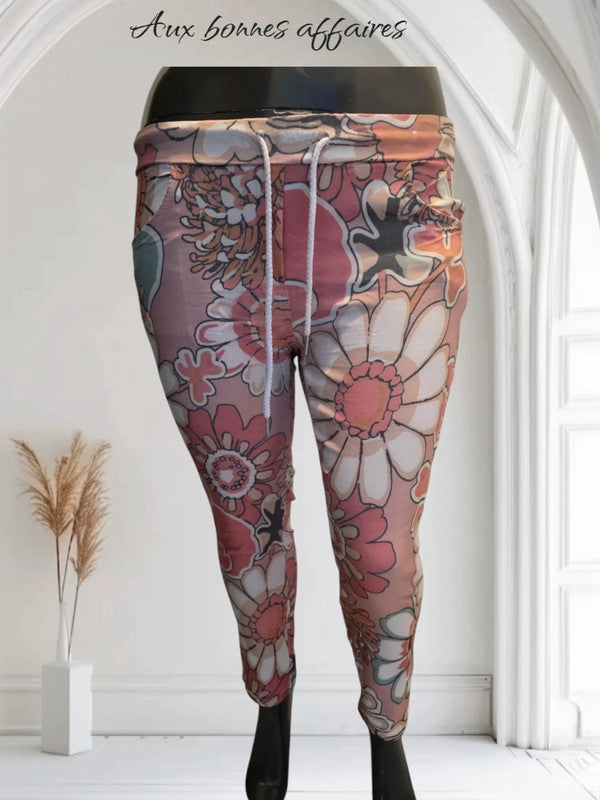 Pantalon élastique rose a fleur